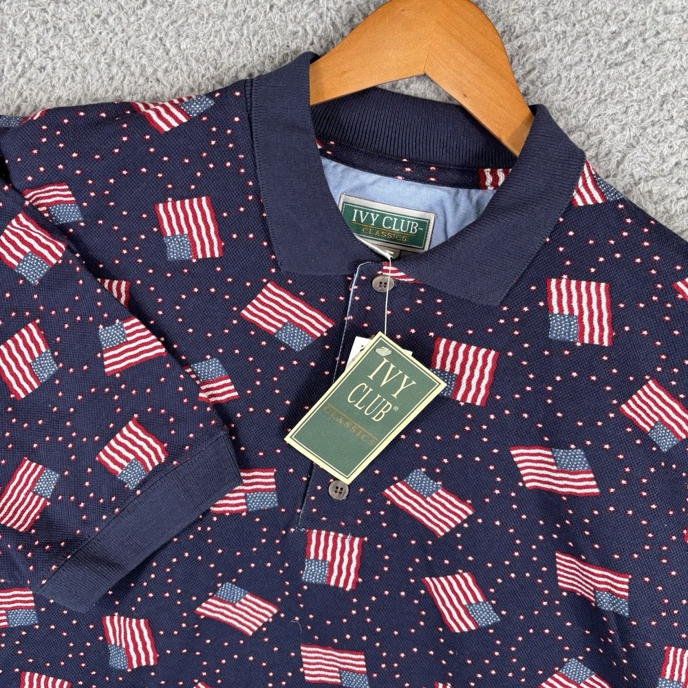 NEW Ivy Club Polo Shirt Mens Large Navy Flag All Over Print Patriotic Cotton